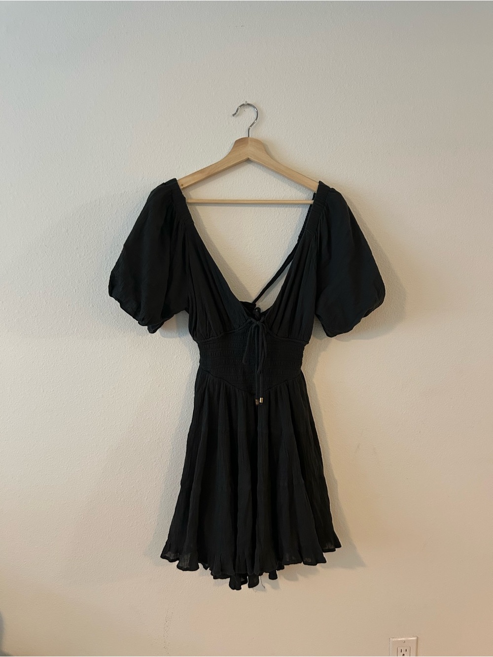 Free People Blue Open Back Mini Dress XS Puff Sleeve Boho Gauze Tie Back - Picture 4 of 9